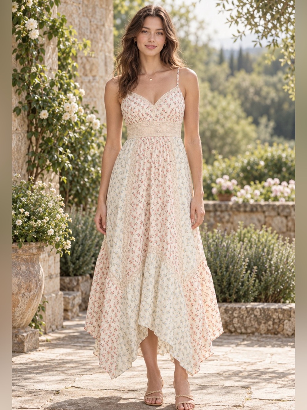 American eagle Floral Lace Trim Handkerchief Hem midi Sundress XXl